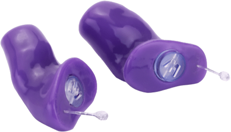 A pair of purple in-ear hearing protection devices suggested by Estes Audiology in Texas.