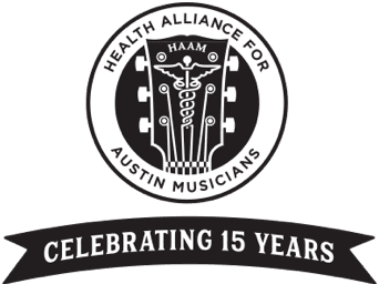 The official logo of the Health Alliance for Austin Musicians celebrating 15 years.
